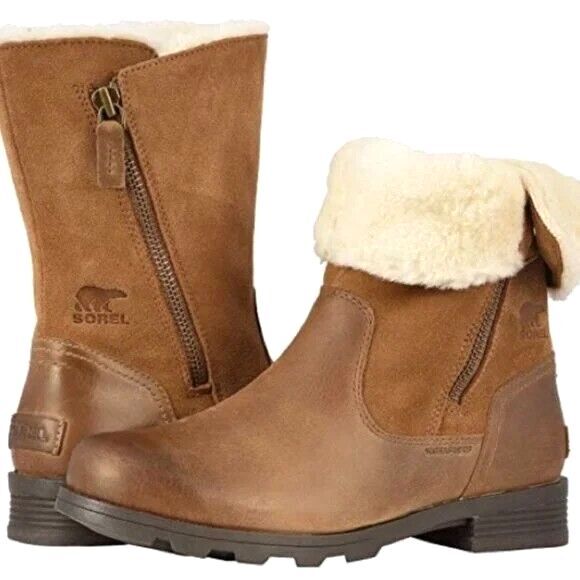 Sorel Emilie Foldover Brown Leather Winter Boots Waterproof - Women's 6 - Picture 1 of 13